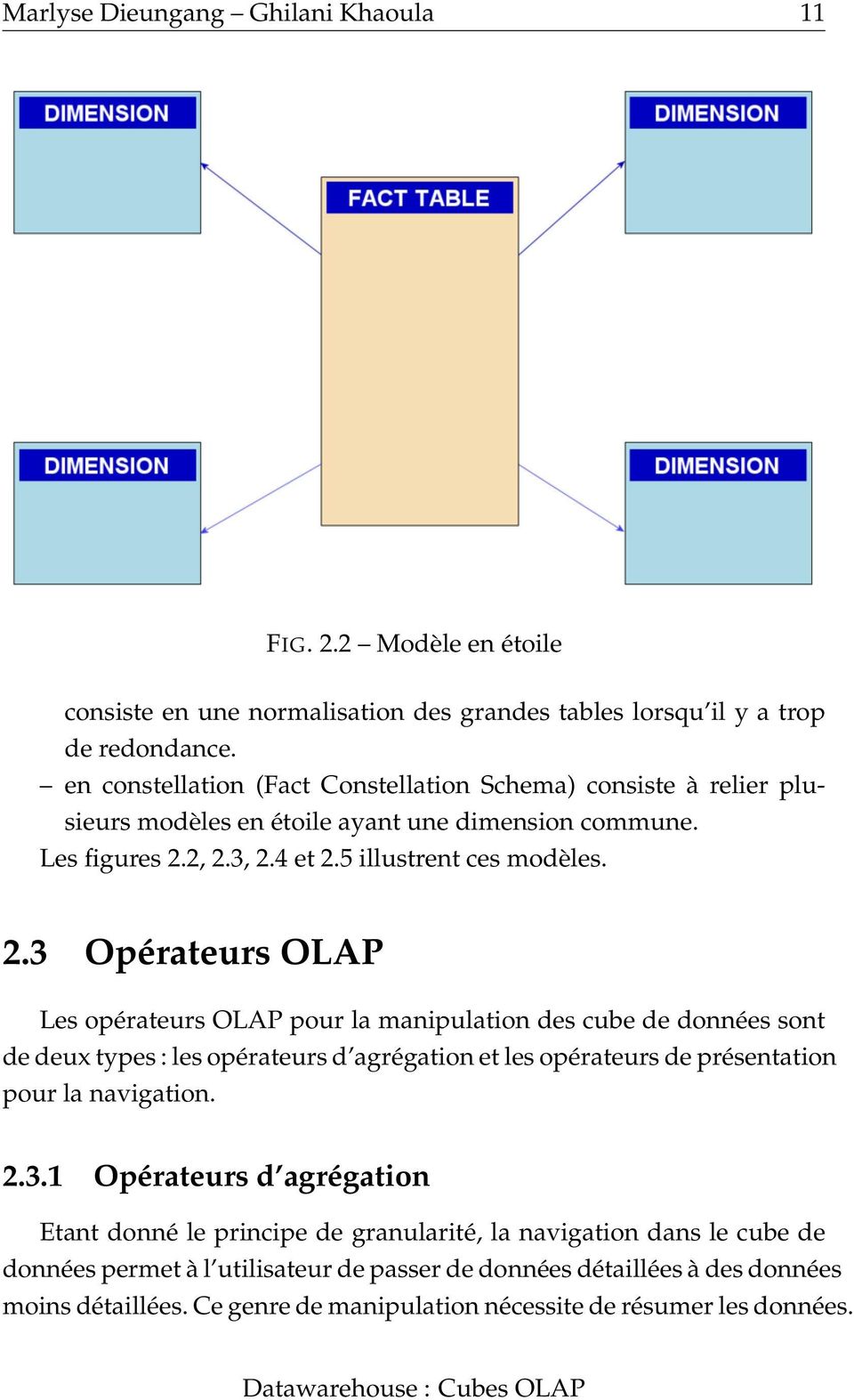 2, 2.3, 2.4 et 2.5 illustrent ces modèles. 2.3 Opérateurs OLAP Les opérateurs OLAP pour la manipulation des cube de données sont de deux types : les opérateurs d agrégation et les opérateurs de présentation pour la navigation.