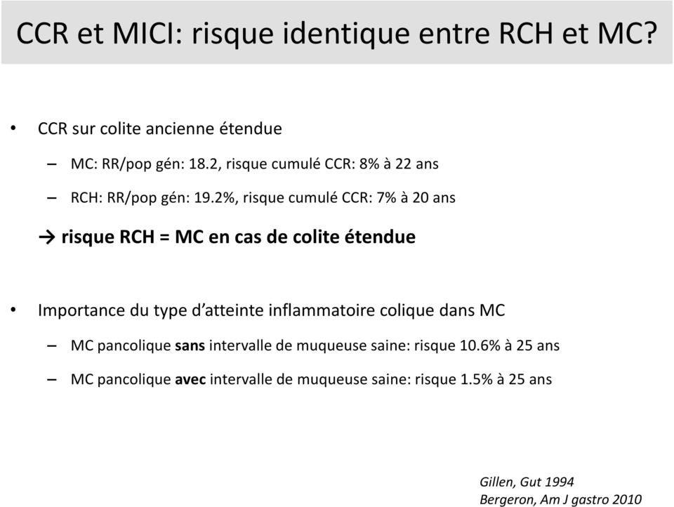 2%, risque cumulé CCR: 7% à 20 ans risque RCH = MC en cas de colite étendue Importance du type d atteinte