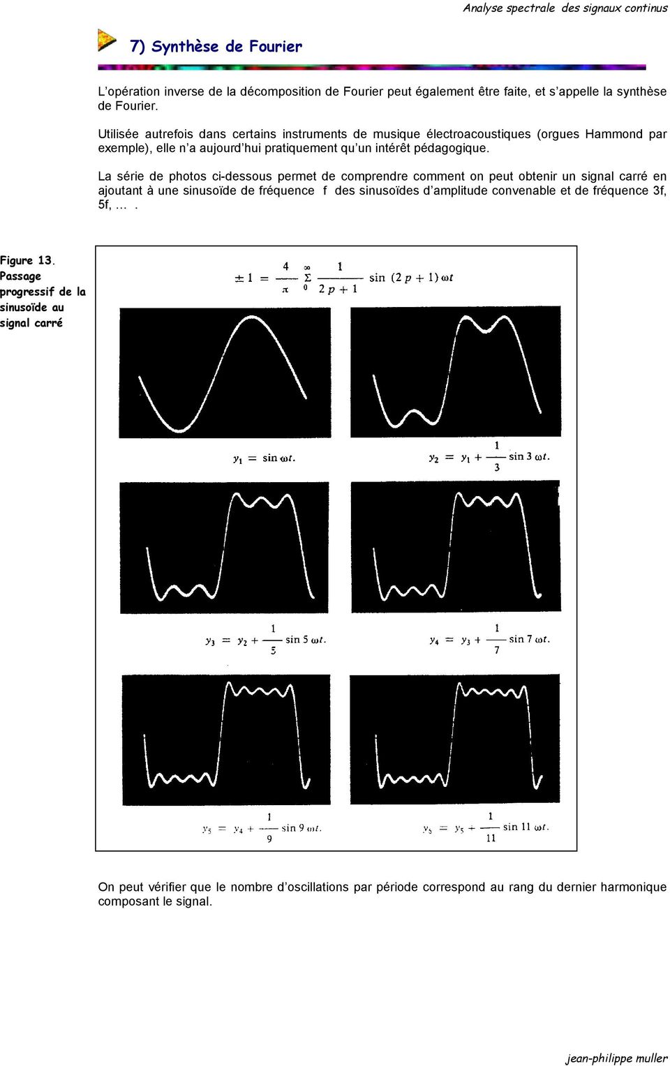 La série de photos ci-dessous permet de comprendre comment on peut obtenir un signal carré en ajoutant à une sinusoïde de fréquence f des sinusoïdes d amplitude convenable et de