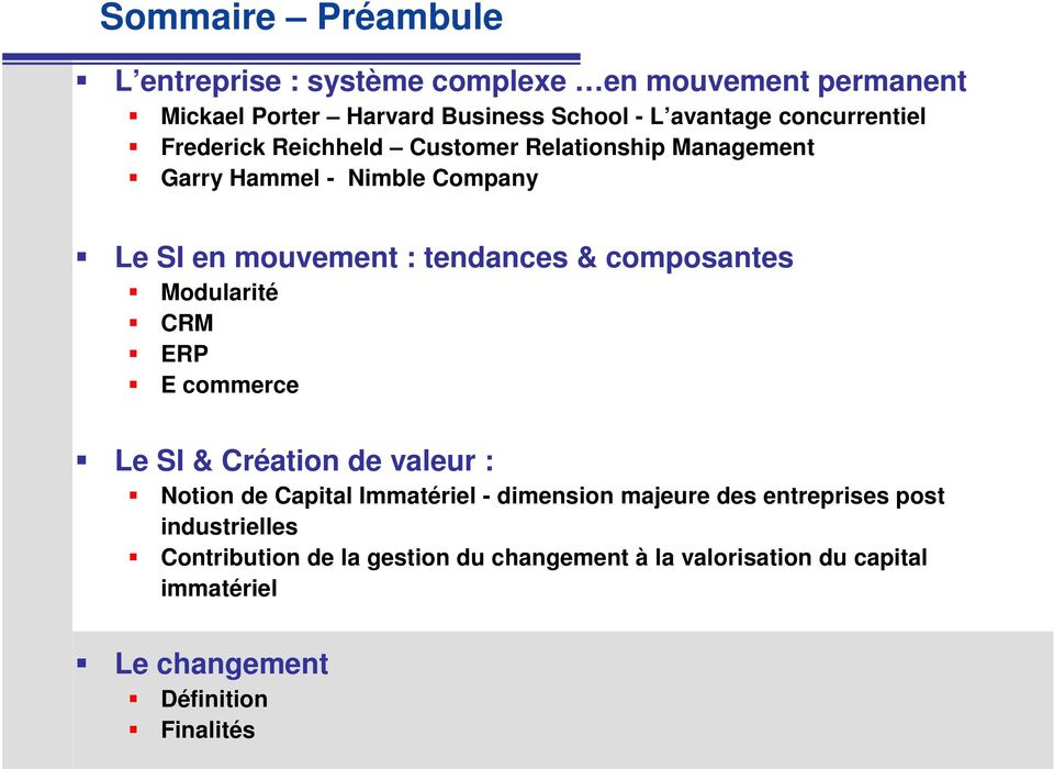 composantes Modularité CRM ERP E commerce Le SI & Création de valeur : Notion de Capital Immatériel - dimension majeure des