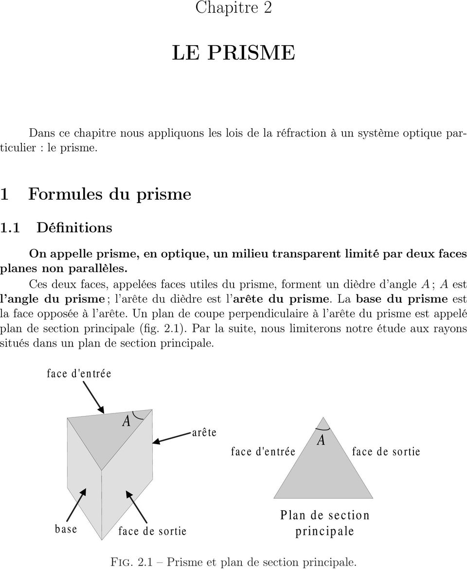 Ces deux faces, appelées faces utiles du prisme, forment un dièdre d angle A ; A est l angle du prisme ; l arête du dièdre est l arête du prisme. La base du prisme est la face opposée à l arête.