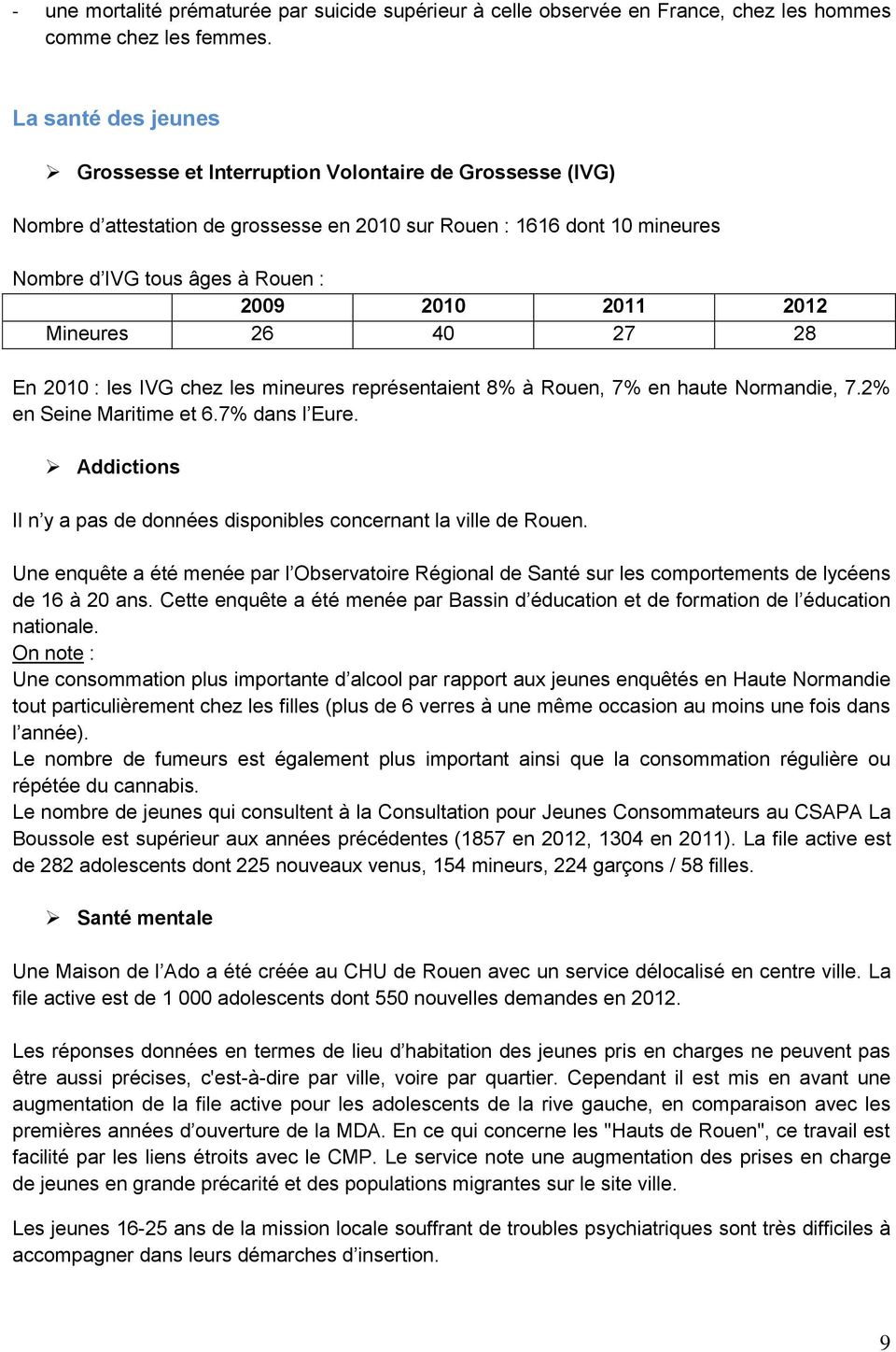 2012 Mineures 26 40 27 28 En 2010 : les IVG chez les mineures représentaient 8% à Rouen, 7% en haute Normandie, 7.2% en Seine Maritime et 6.7% dans l Eure.