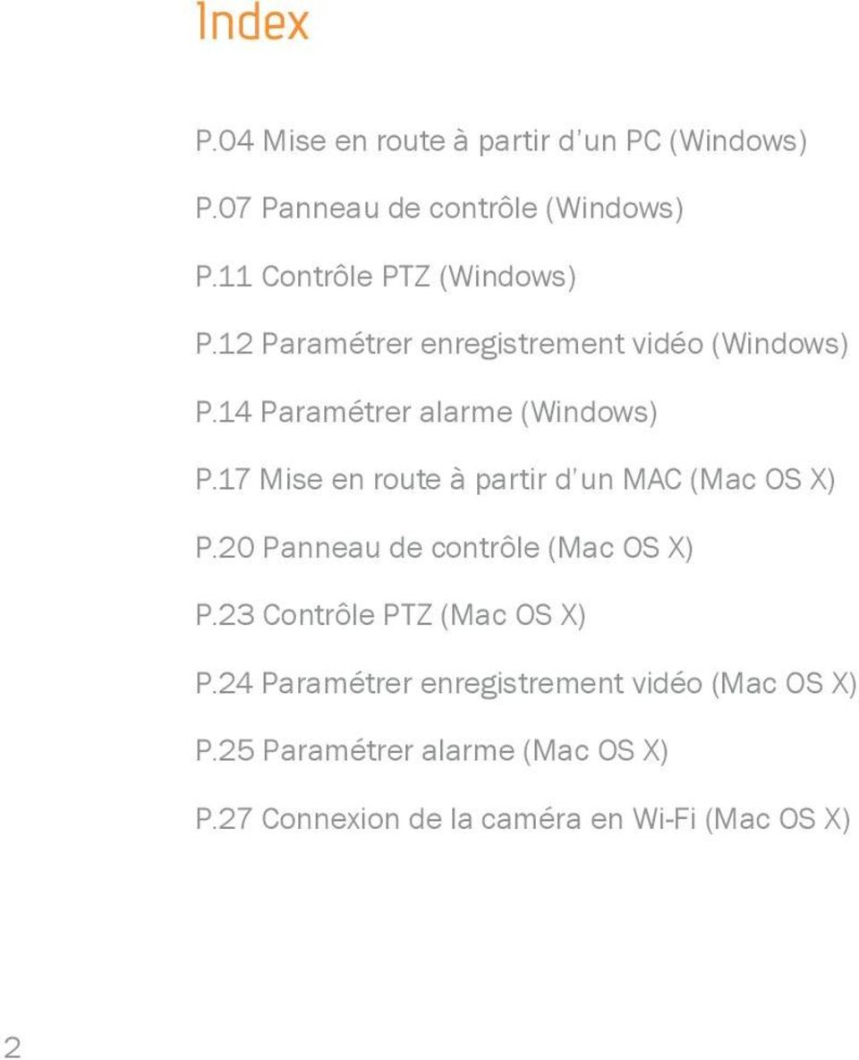 17 Mise en route à partir d un MAC (Mac OS X) P.20 Panneau de contrôle (Mac OS X) P.