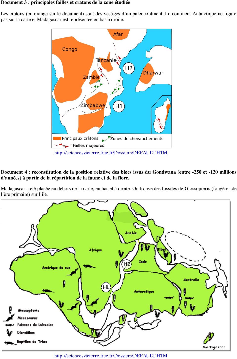htm Document 4 : reconstitution de la position relative des blocs issus du Gondwana (entre -250 et -120 millions d'années) à partir de la répartition de la faune et