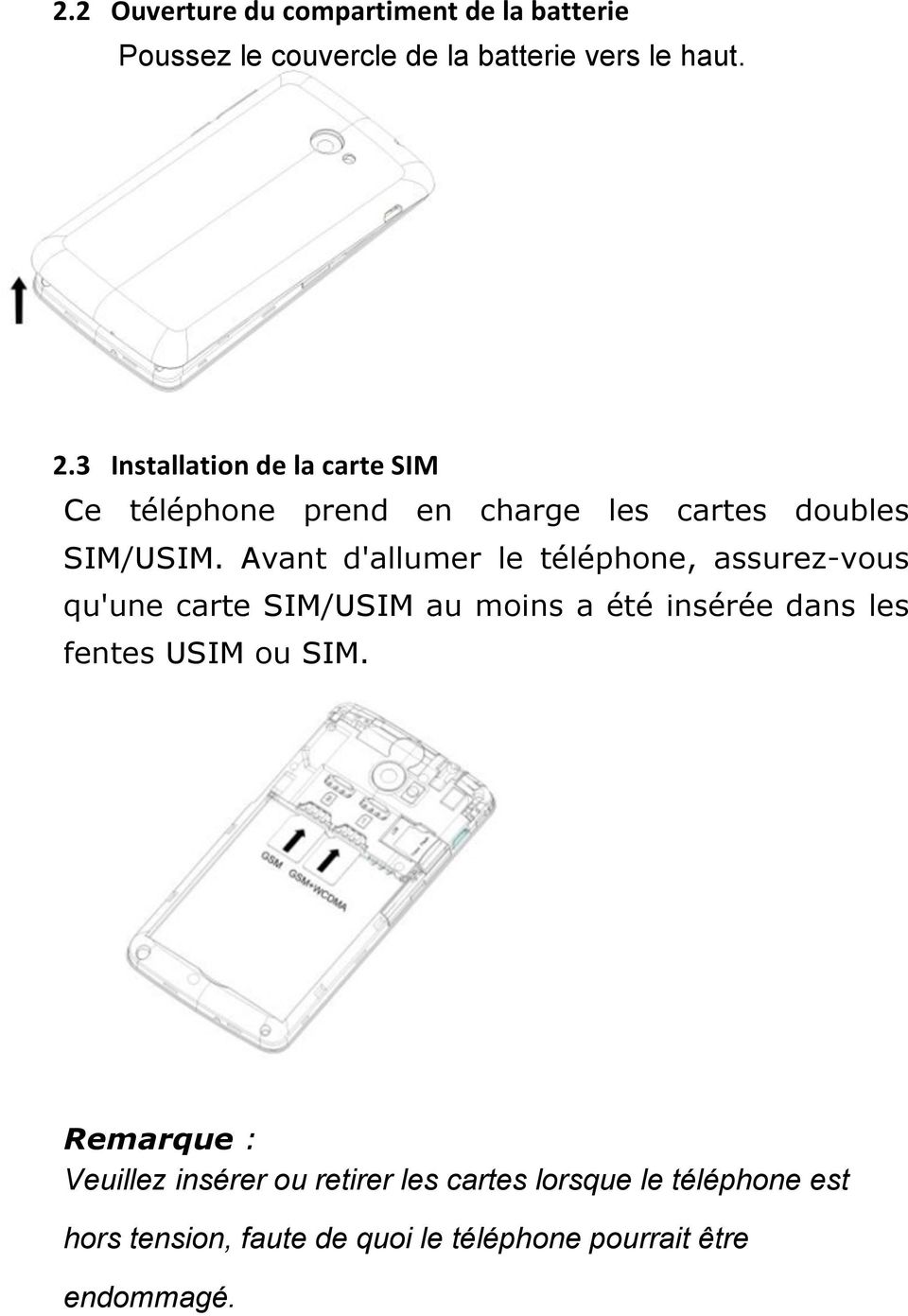 Avant d'allumer le téléphone, assurez-vous qu'une carte SIM/USIM au moins a été insérée dans les fentes USIM