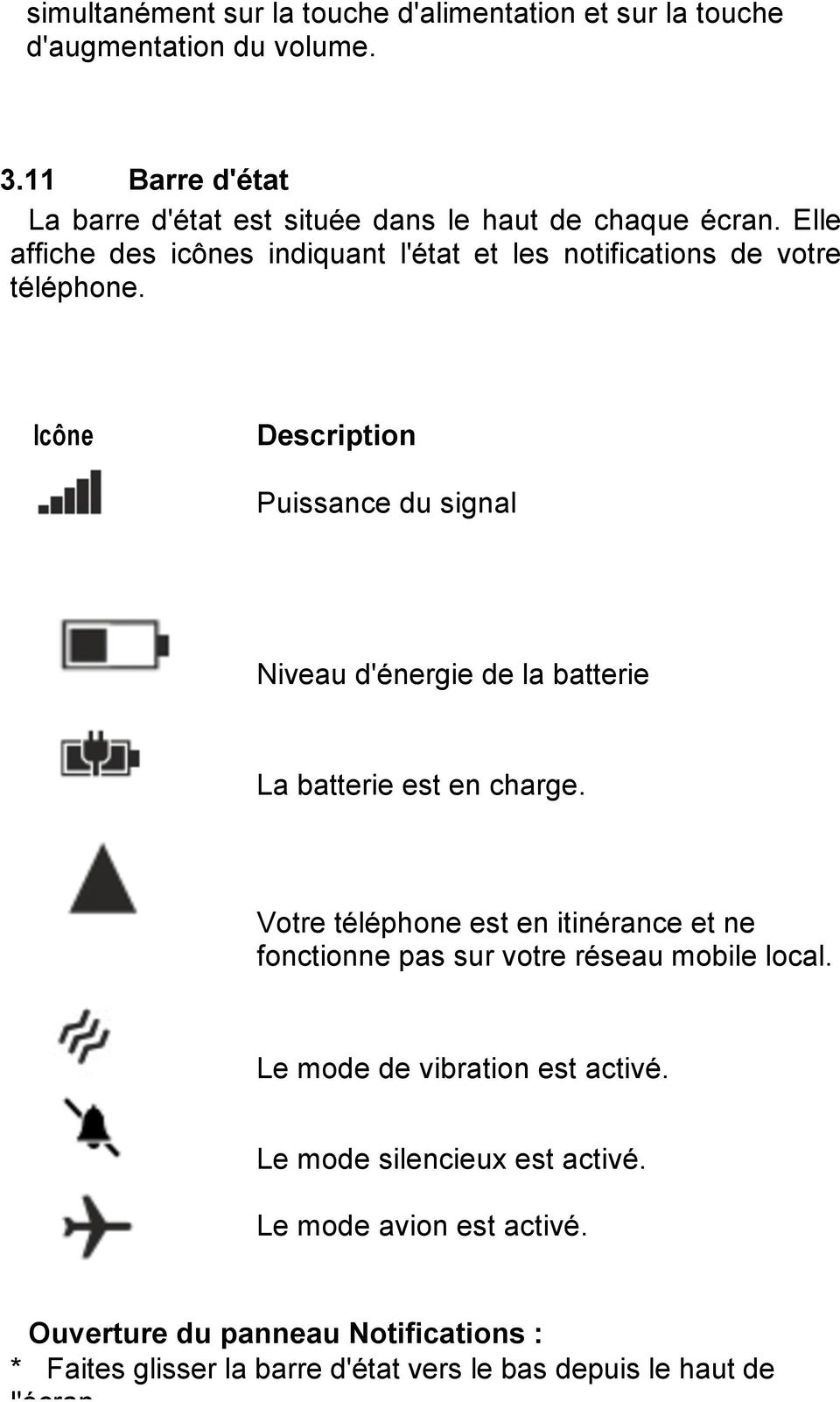 Icône Description Puissance du signal Niveau d'énergie de la batterie La batterie est en charge.