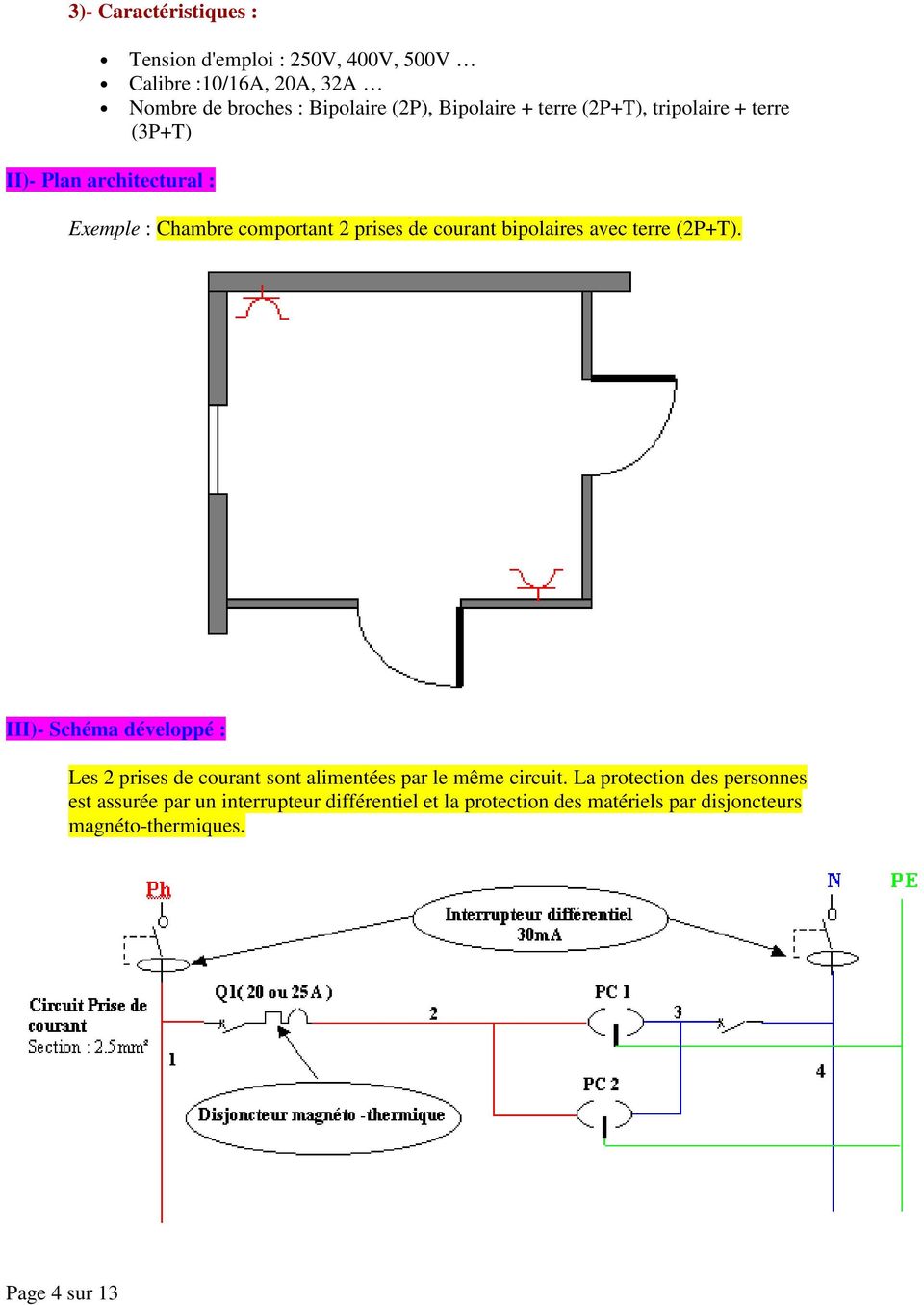 bipolaires avec terre (2P+T). III)- Schéma développé : Les 2 prises de courant sont alimentées par le même circuit.