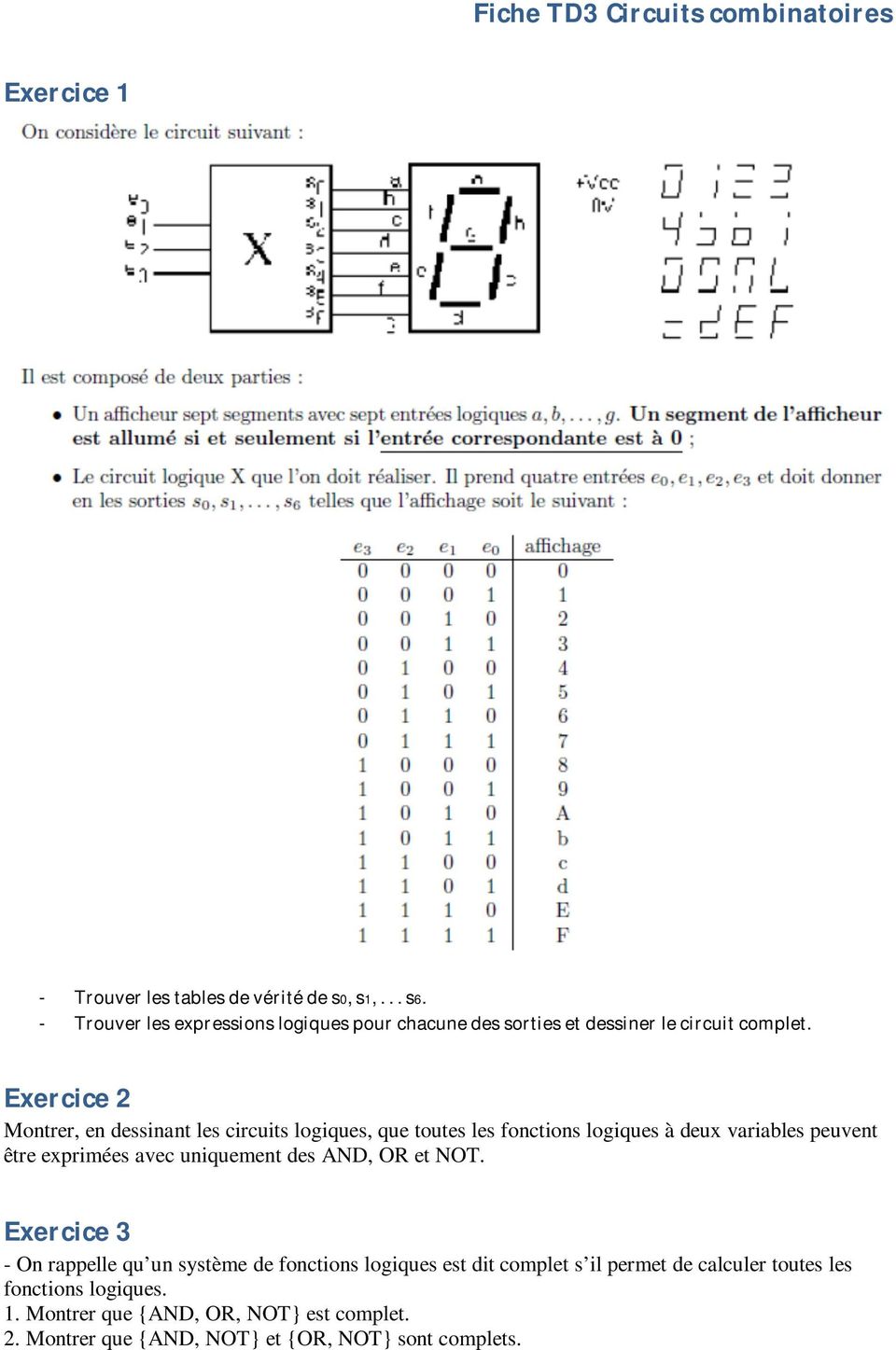 Exercice 2 Montrer, en dessinant les circuits logiques, que toutes les fonctions logiques à deux variables peuvent être exprimées avec
