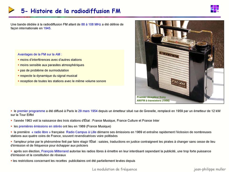 reception de toutes les stations avec le même volume sonore Premier récepteur Sony AM/FM à transistors (1958) le premier programme a été diffusé à Paris le 29 mars 1954 depuis un émetteur situé rue