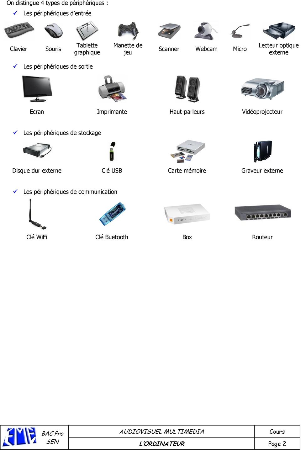 Imprimante Haut-parleurs Vidéoprojecteur Les périphériques de stockage Disque dur externe Clé USB