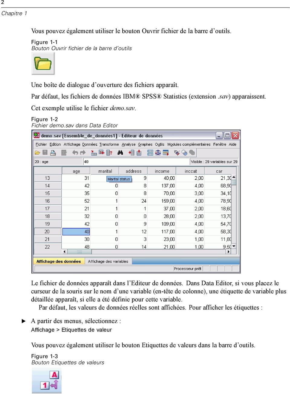 Cet exemple utilise le fichier demo.sav. Figure 1-2 Fichier demo.sav dans Data ditor Le fichier de données apparaît dans l diteur de données.