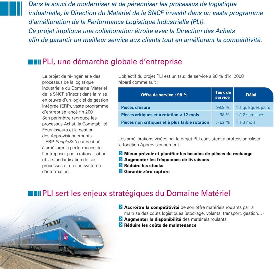 PLI, une démarche globale d entreprise Le projet de ré-ingénierie des processus de la logistique industrielle du Domaine Matériel de la SNCF s inscrit dans la mise en œuvre d un logiciel de gestion