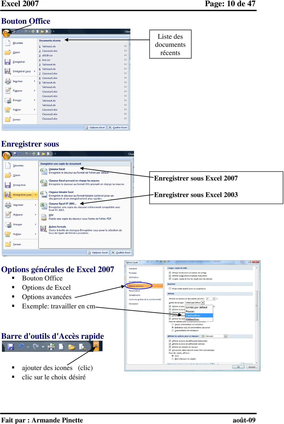 Excel 2007 Bouton Office Options de Excel Options avancées Exemple: travailler en