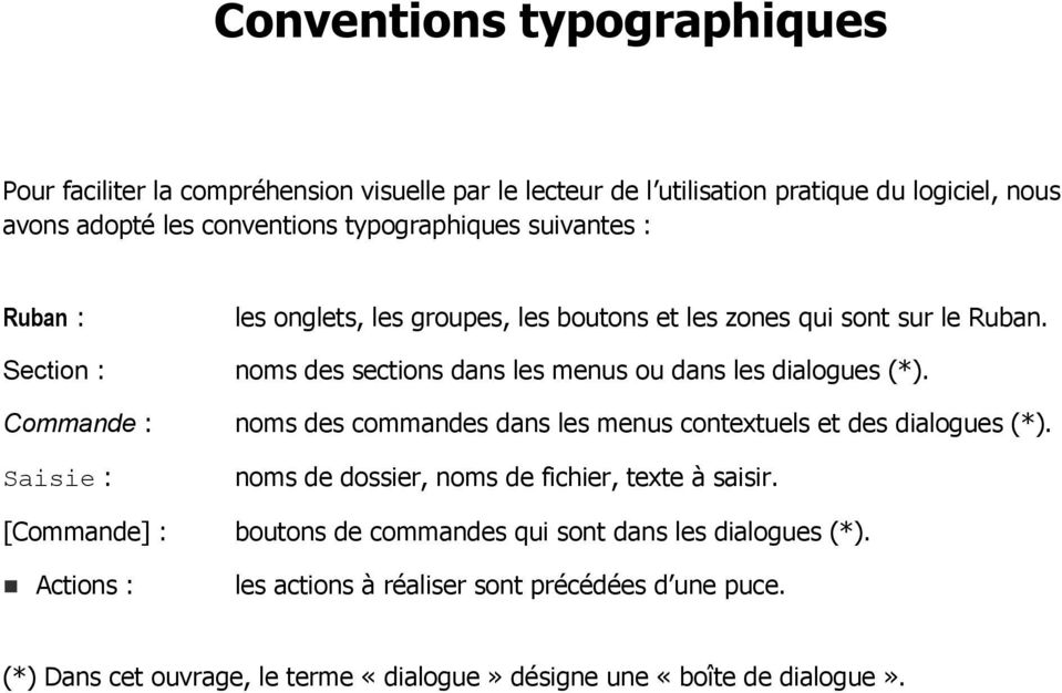 Section : noms des sections dans les menus ou dans les dialogues (*). Commande : noms des commandes dans les menus contextuels et des dialogues (*).