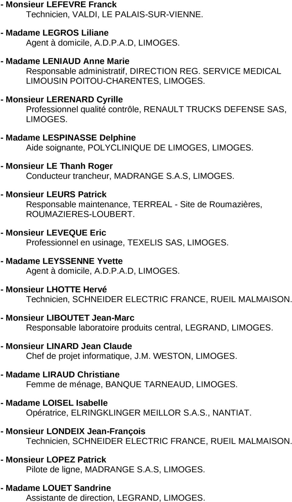 LIMOGES, - Monsieur LE Thanh Roger Conducteur trancheur, MADRANGE S.A.S, - Monsieur LEURS Patrick Responsable maintenance, TERREAL - Site de Roumazières, ROUMAZIERES-LOUBERT.