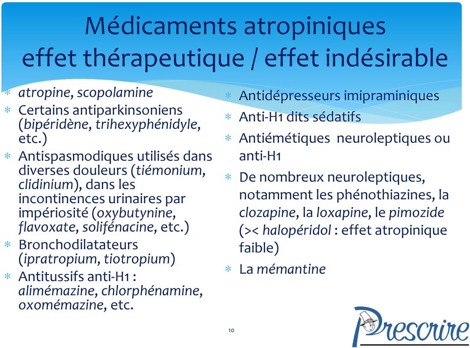 ) Bronchodilatateurs (ipratropium, tiotropium) Antitussifs anti-h1 : alimémazine, chlorphénamine, oxomémazine, etc.