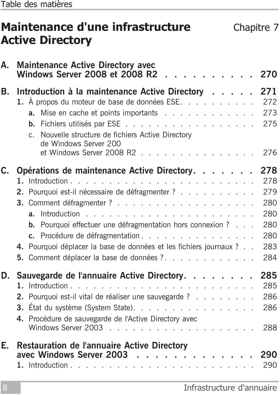 Nouvelle structure de fichiers Active Directory de Windows Server 200 et Windows Server 2008 R2............... 276 C. Opérations de maintenance Active Directory....... 278 1. Introduction........................ 278 2.