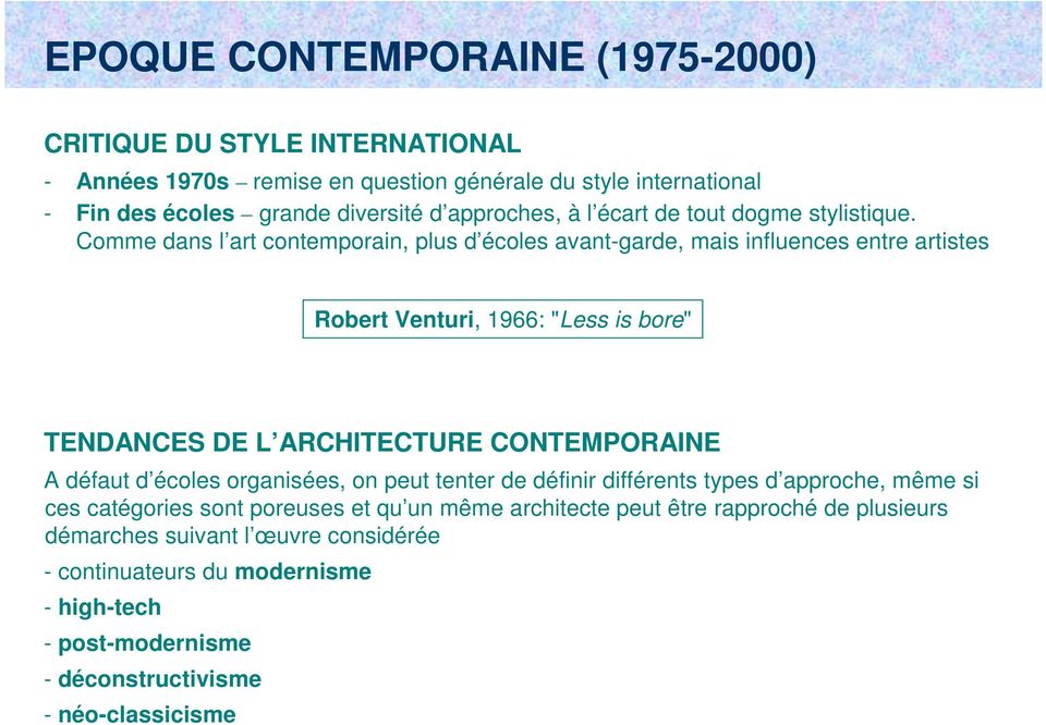 Comme dans l art contemporain, plus d écoles avant-garde, mais influences entre artistes Robert Venturi, 1966: "Less is bore" Plan Voisin de refonte de Paris Le Corbusier (1925) TENDANCES