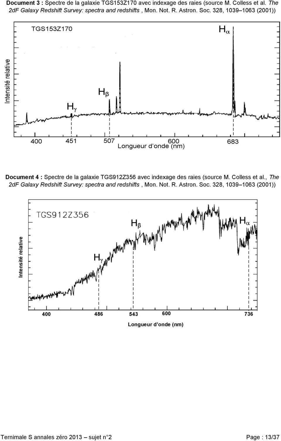 328, 1039 1063 (2001)) TGS153Z170 H H β H 400 451 507 600 683 Longueur d onde (nm) Document 4 : Spectre de la galaxie TGS912Z356 avec indexage des