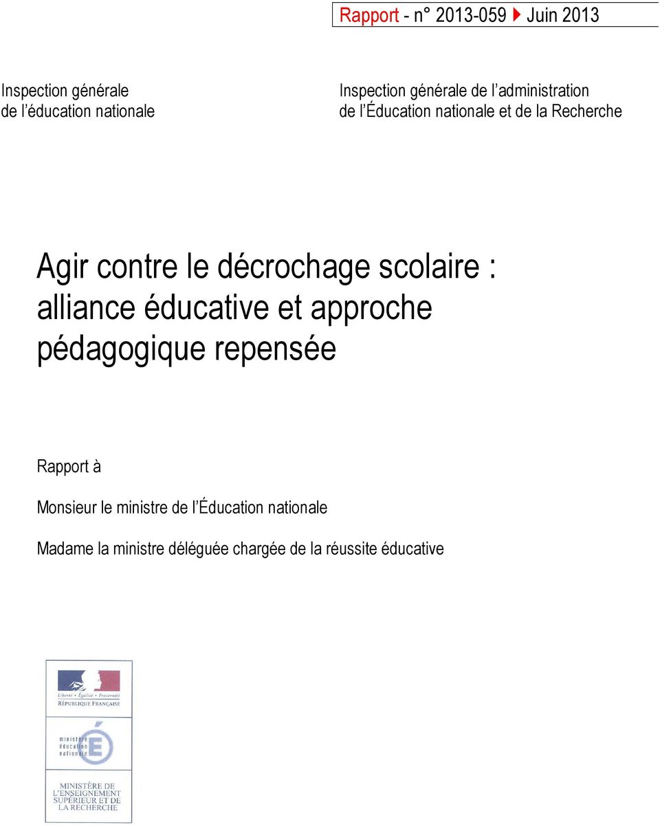 décrochage scolaire : alliance éducative et approche pédagogique repensée Rapport à
