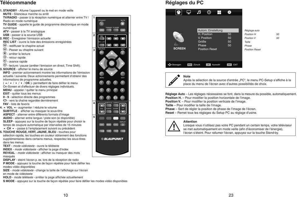 guide de programme électronique en mode numérique ATV - passer à la TV analogique USB - passer à la source USB 2.