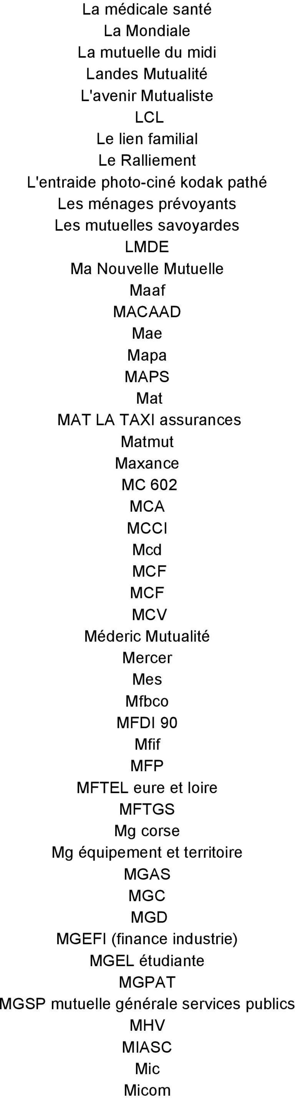 assurances Matmut Maxance MC 602 MCA MCCI Mcd MCF MCF MCV Méderic Mutualité Mercer Mes Mfbco MFDI 90 Mfif MFP MFTEL eure et loire MFTGS Mg