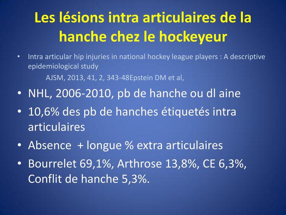 343-48Epstein DM et al, NHL, 2006-2010, pb de hanche ou dl aine 10,6% des pb de hanches étiquetés