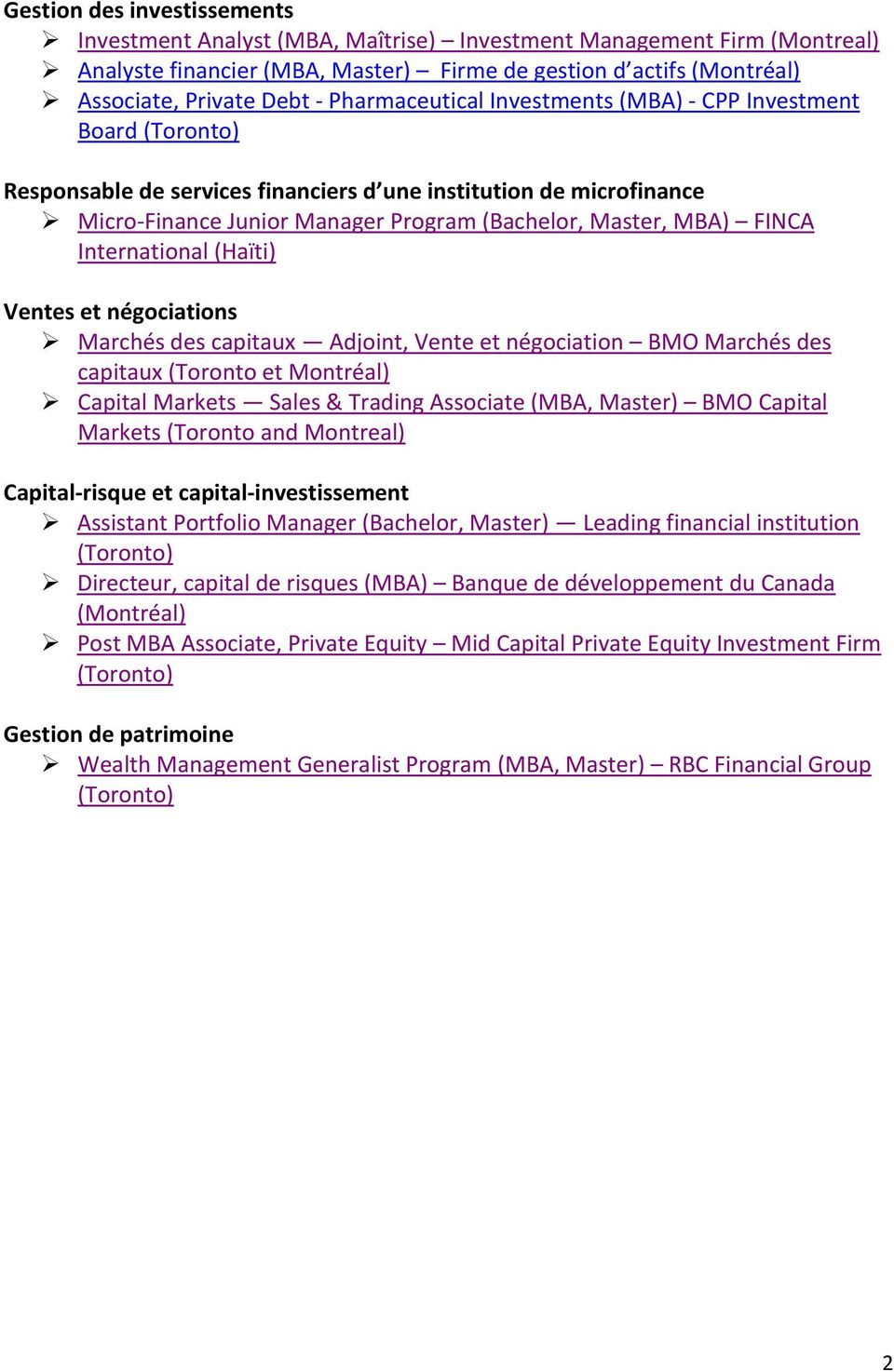 FINCA International (Haïti) Ventes et négociations Marchés des capitaux Adjoint, Vente et négociation BMO Marchés des capitaux (Toronto et Montréal) Capital Markets Sales & Trading Associate (MBA,