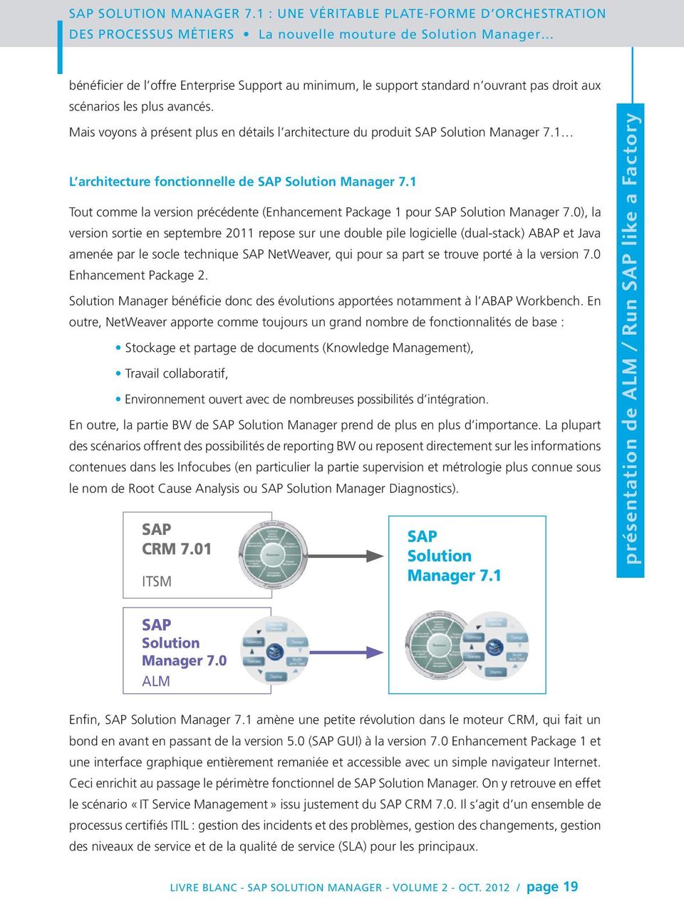 droit aux scénarios les plus avancés. Mais voyons à présent plus en détails l architecture du produit SAP Solution Manager 7.1 L architecture fonctionnelle de SAP Solution Manager 7.