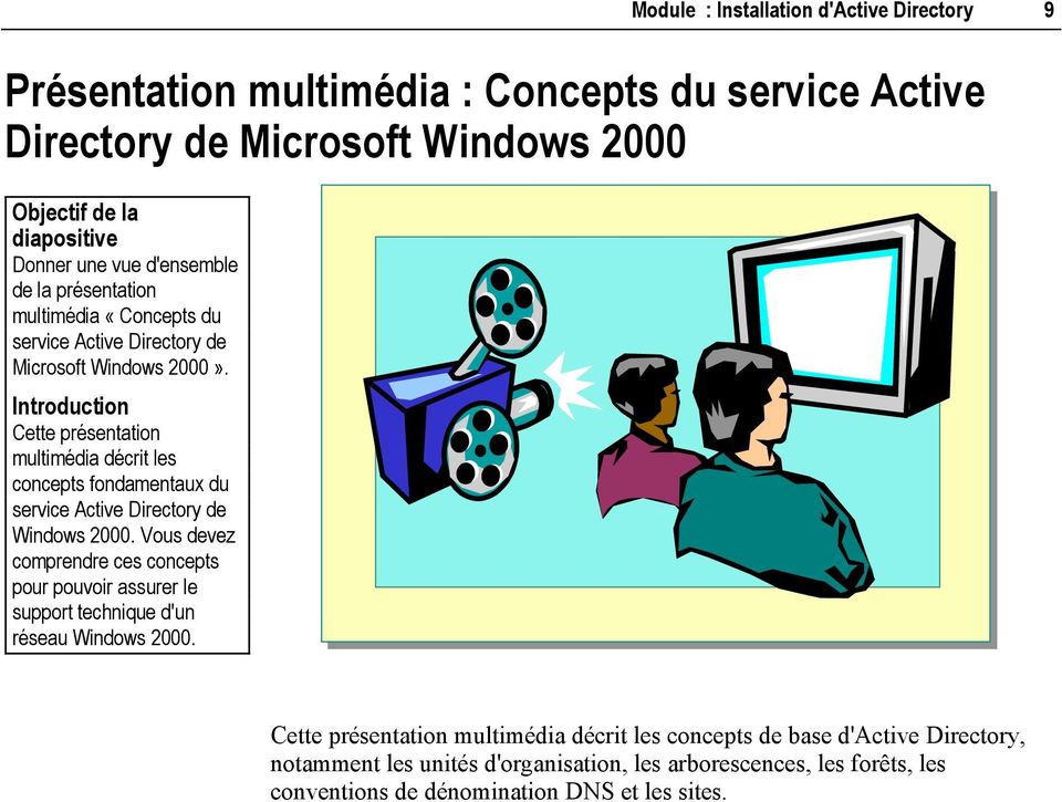 Cette présentation multimédia décrit les concepts fondamentaux du service Active Directory de Windows 2000.