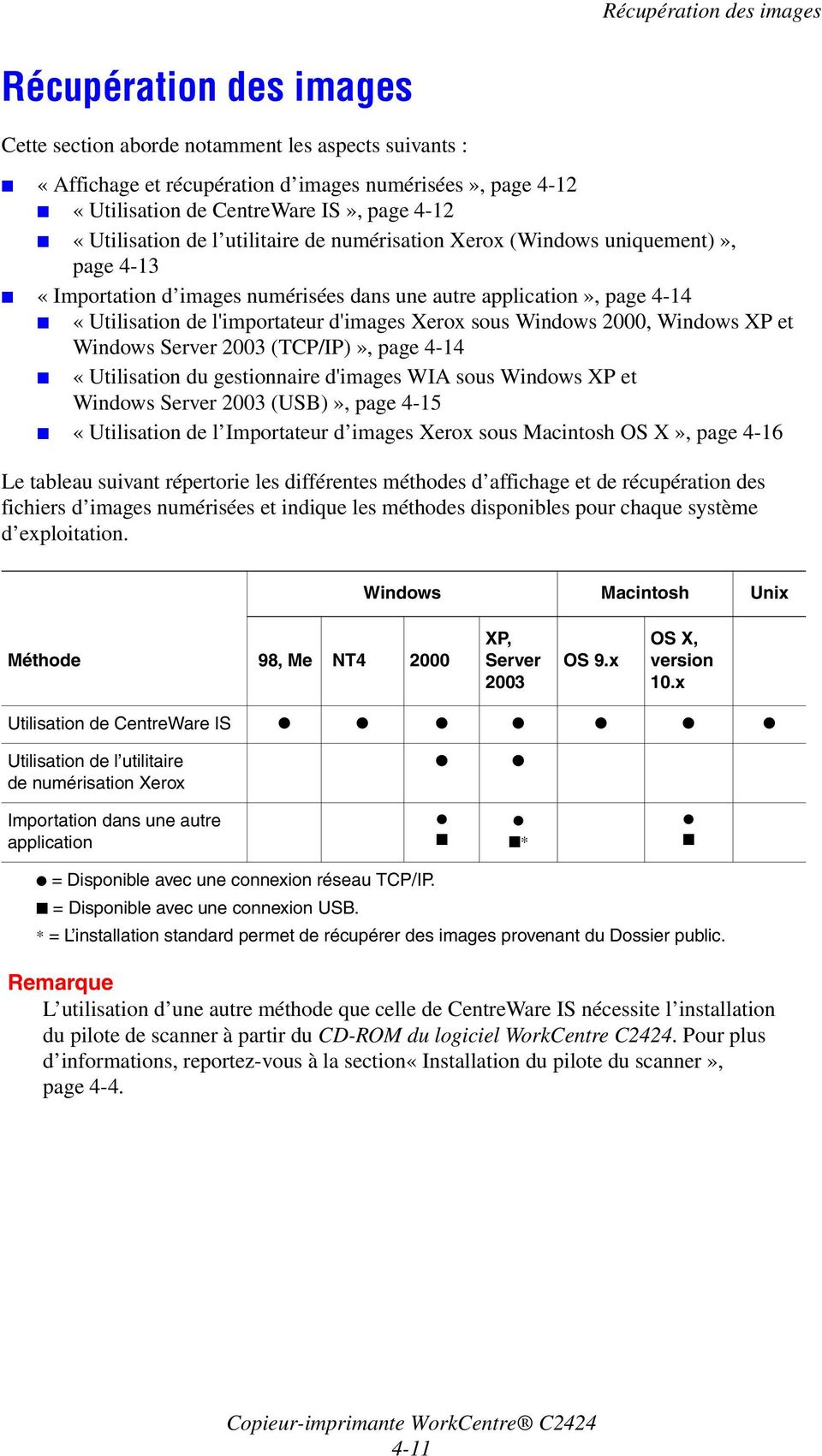 Xerox sous Windows 2000, Windows XP et Windows Server 2003 (TCP/IP)», page 4-14 «Utilisation du gestionnaire d'images WIA sous Windows XP et Windows Server 2003 (USB)», page 4-15 «Utilisation de l