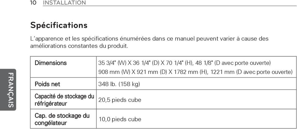 Dimensions Poids net Capacité de stockage du réfrigérateur 35 3/4" (W) X 36 1/4" (D) X 70 1/4" (H), 48 1/8"