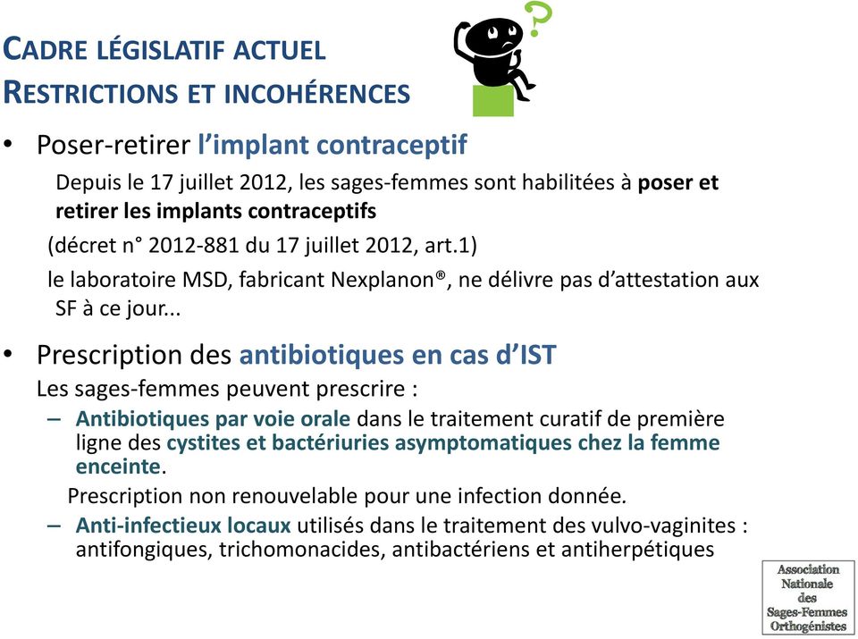 .. Prescription des antibiotiques en cas d IST Les sages-femmes peuvent prescrire : Antibiotiques par voie orale dans le traitement curatif de première ligne des cystites et bactériuries