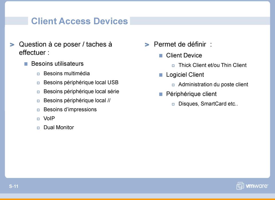 périphérique local // Besoins d impressions VoIP Dual Monitor Permet de définir : Client Device Thick