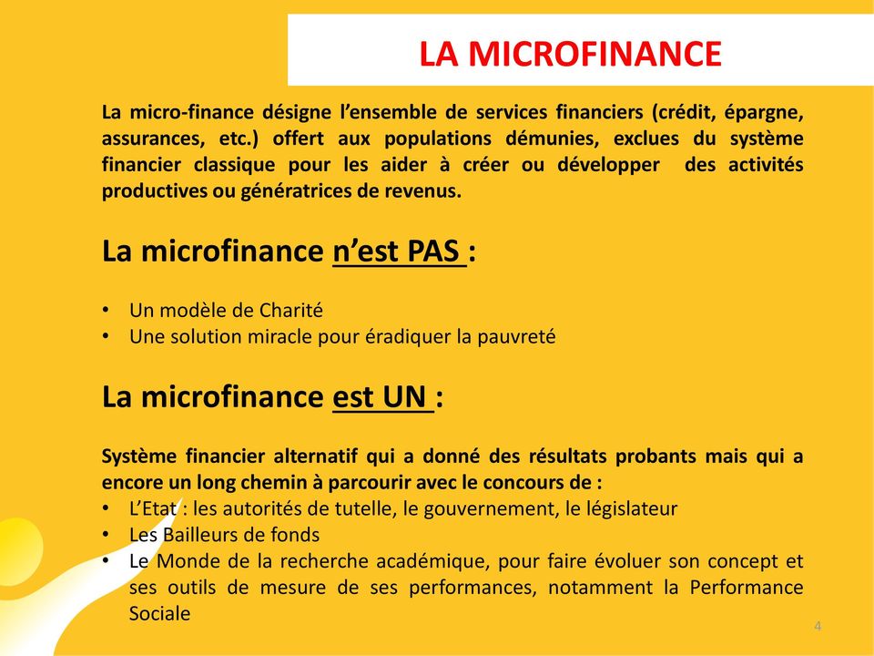 La microfinance n est PAS : Un modèle de Charité Une solution miracle pour éradiquer la pauvreté La microfinance est UN : Système financier alternatif qui a donné des résultats probants mais