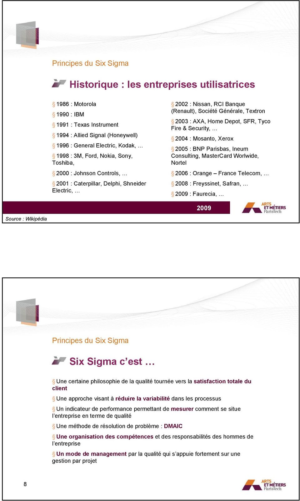Security, 2004 : Mosanto, Xerox 2005 : BNP Parisbas, Ineum Consulting, MasterCard Worlwide, Nortel 2006 : Orange France Telecom, 2008 : Freyssinet, Safran, 2009 : Faurecia, 7 Source : Wikipédia 2009