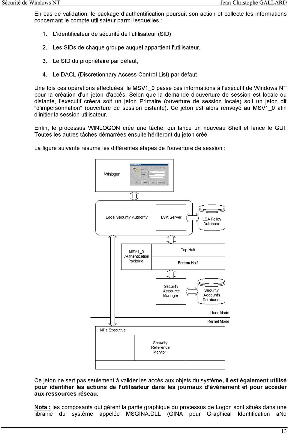 Le DACL (Discretionnary Access Control List) par défaut Une fois ces opérations effectuées, le MSV1_0 passe ces informations à l'exécutif de Windows NT pour la création d'un jeton d'accès.