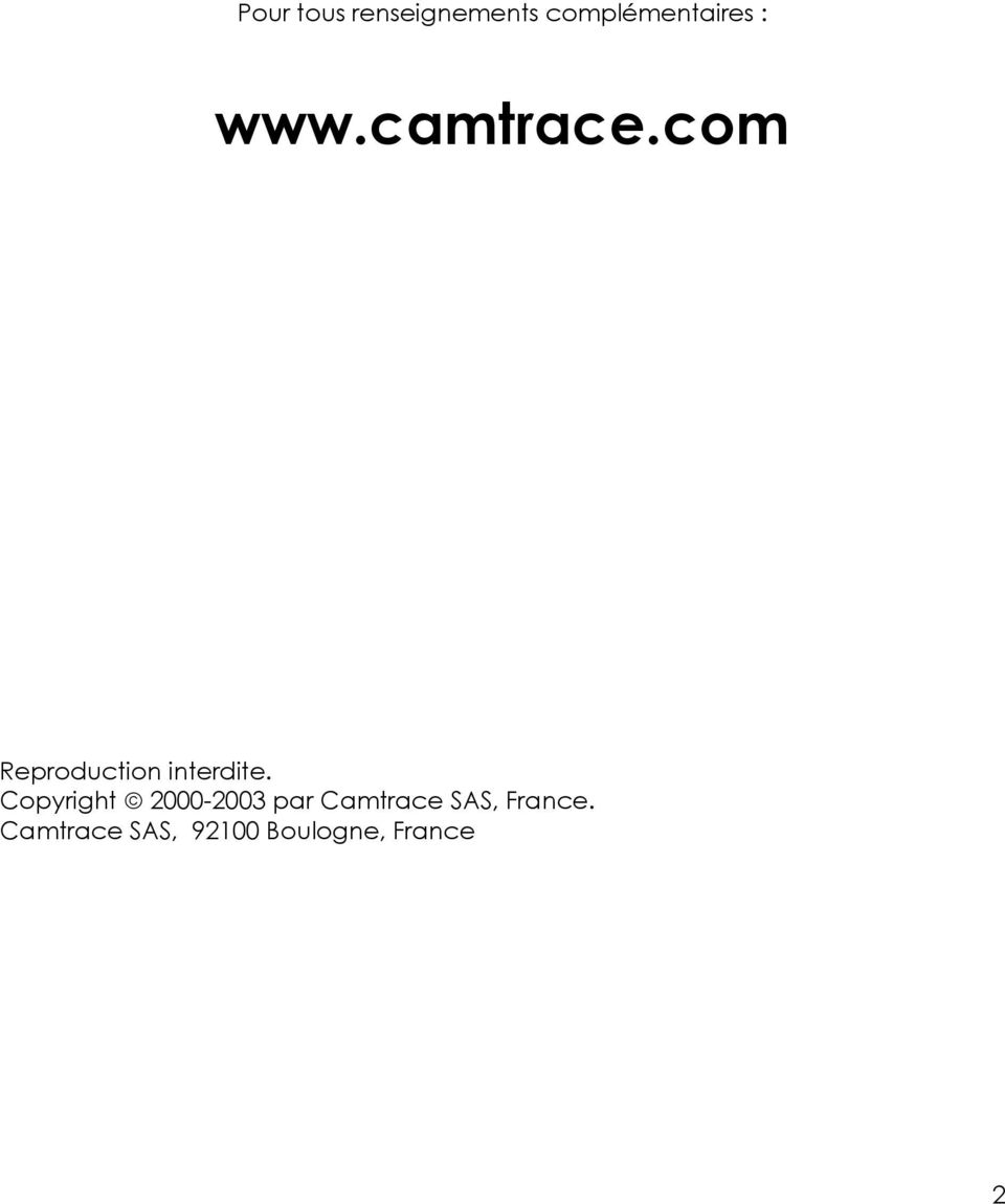 Copyright 2000-2003 par Camtrace SAS,