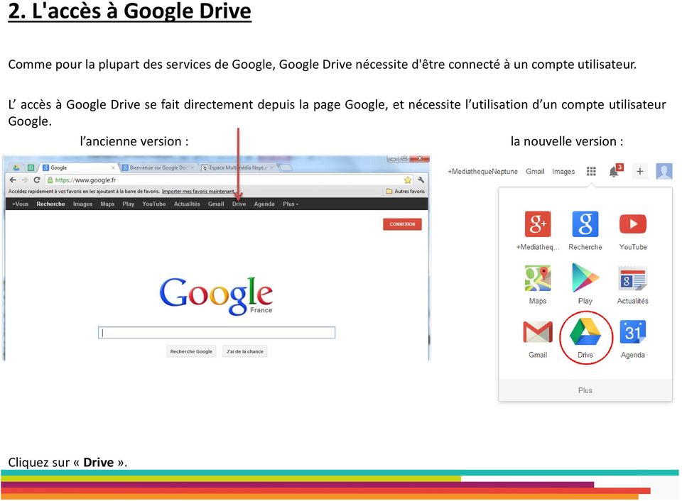 L accès à Google Drive se fait directement depuis la page Google, et nécessite l