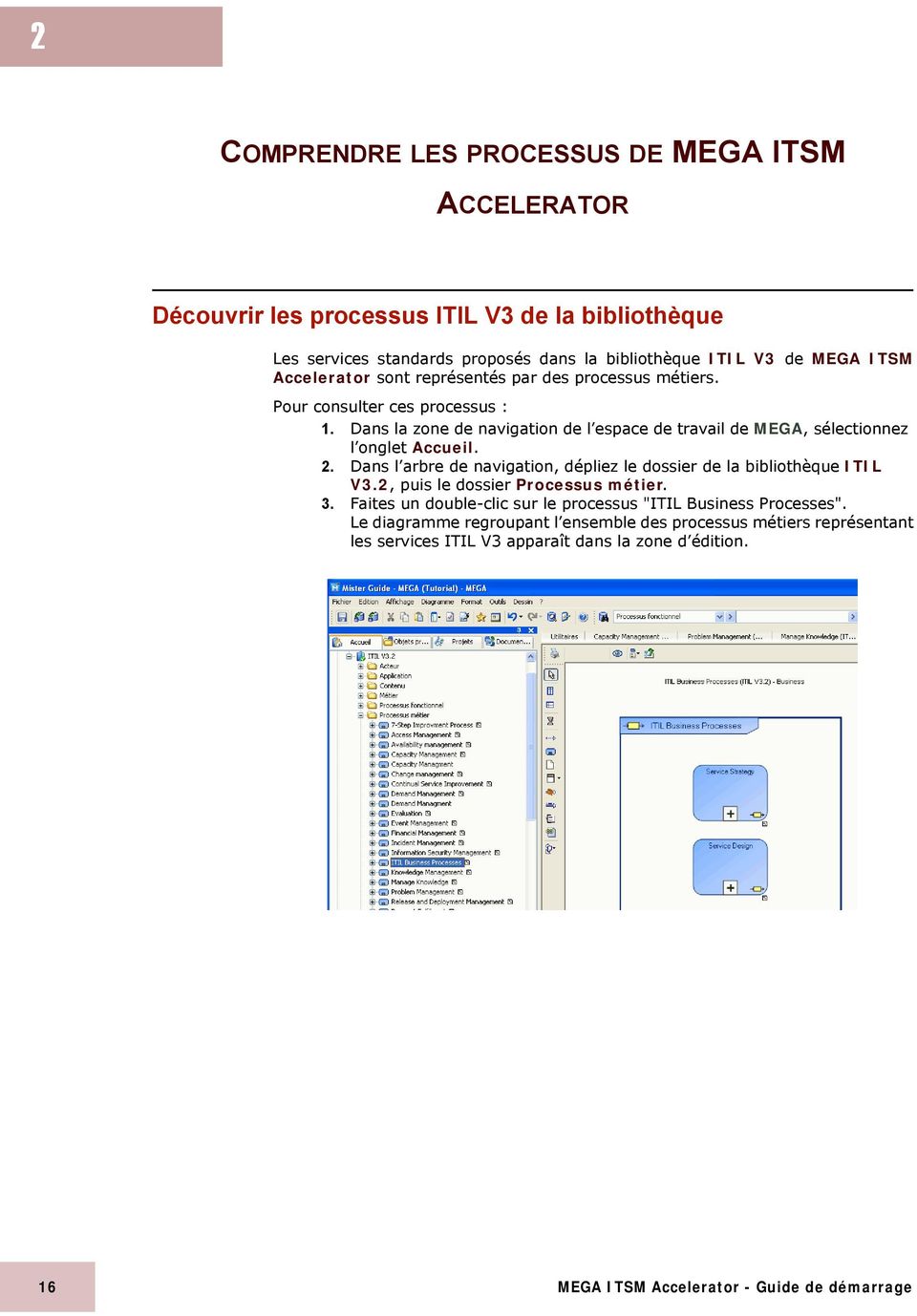 Dans la zone de navigation de l espace de travail de MEGA, sélectionnez l onglet Accueil. 2. Dans l arbre de navigation, dépliez le dossier de la bibliothèque ITIL V3.