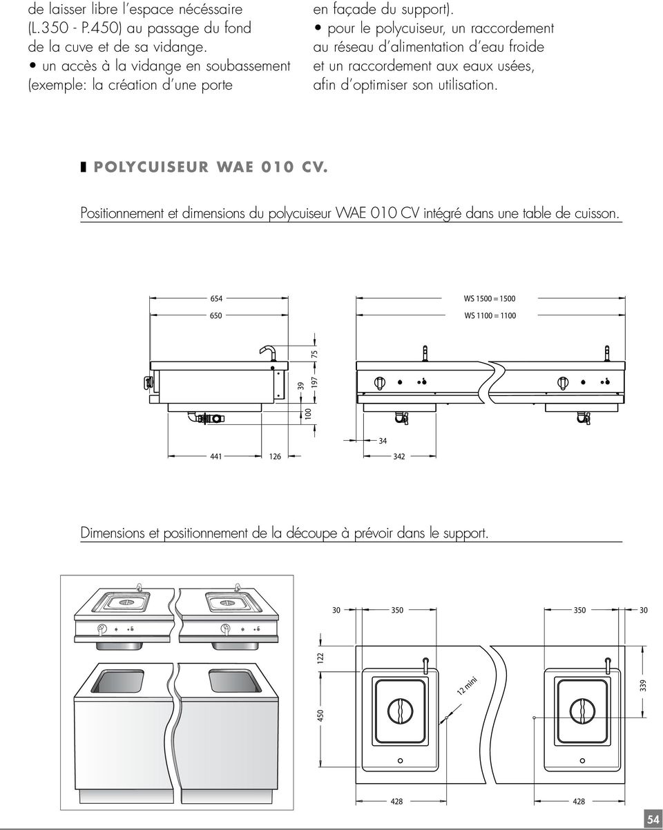 Positionnement et dimensions du polycuiseur WAE 010 CV intégré dans une table de cuisson.