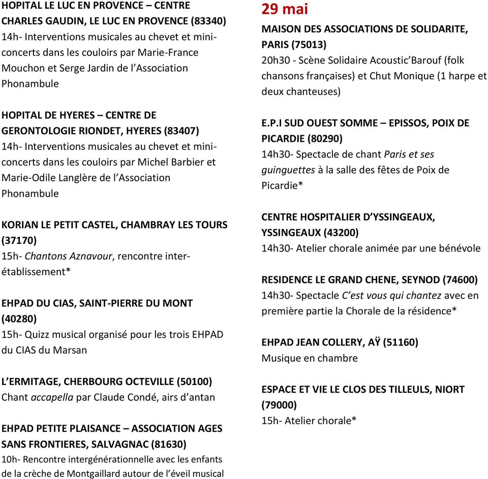 Langlère de l Association Phonambule KORIAN LE PETIT CASTEL, CHAMBRAY LES TOURS (37170) 15h- Chantons Aznavour, rencontre interétablissement* EHPAD DU CIAS, SAINT-PIERRE DU MONT (40280) 15h- Quizz