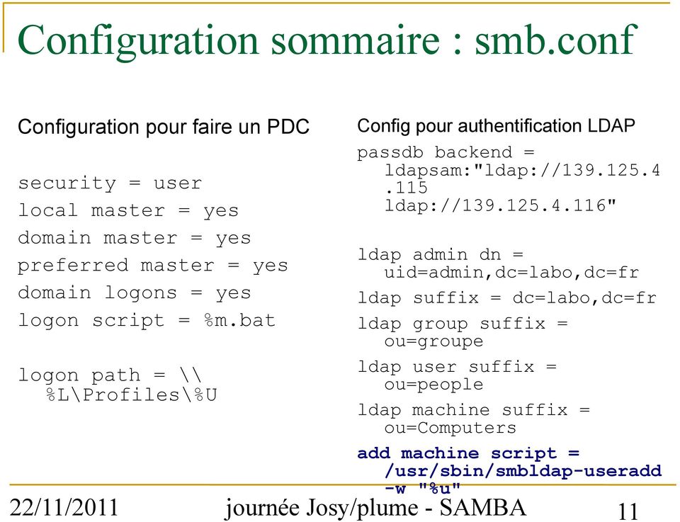 script = %m.bat logon path = \\ %L\Profiles\%U Config pour authentification LDAP passdb backend = ldapsam:"ldap://139.125.4.