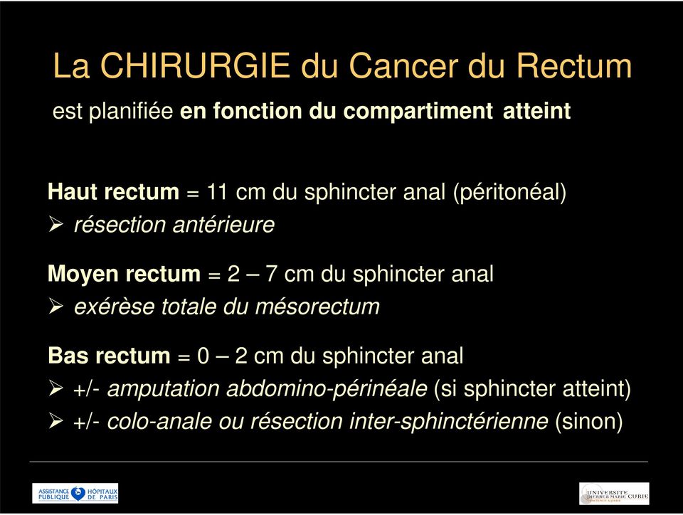 sphincter anal exérèse totale du mésorectum Bas rectum = 0 2 cm du sphincter anal +/-