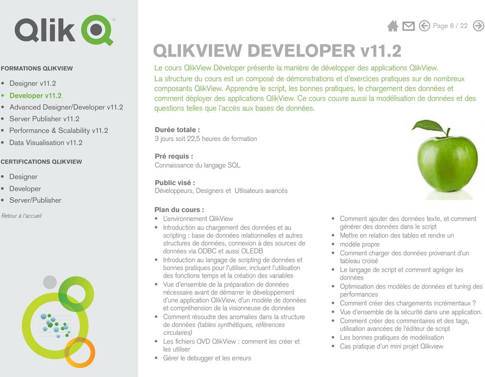 Apprendre le script, les bonnes pratiques, le chargement des données et comment déployer des applications QlikView.