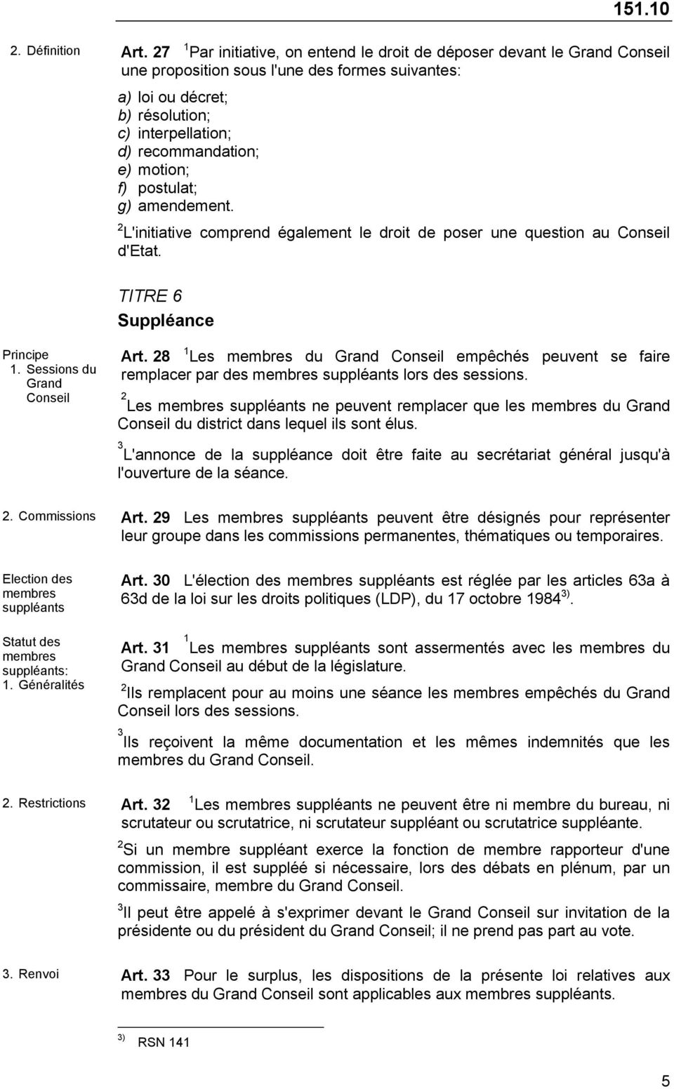 motion; f) postulat; g) amendement. 2 L'initiative comprend également le droit de poser une question au Conseil d'etat. TITRE 6 Suppléance Principe 1. Sessions du Grand Conseil Art.