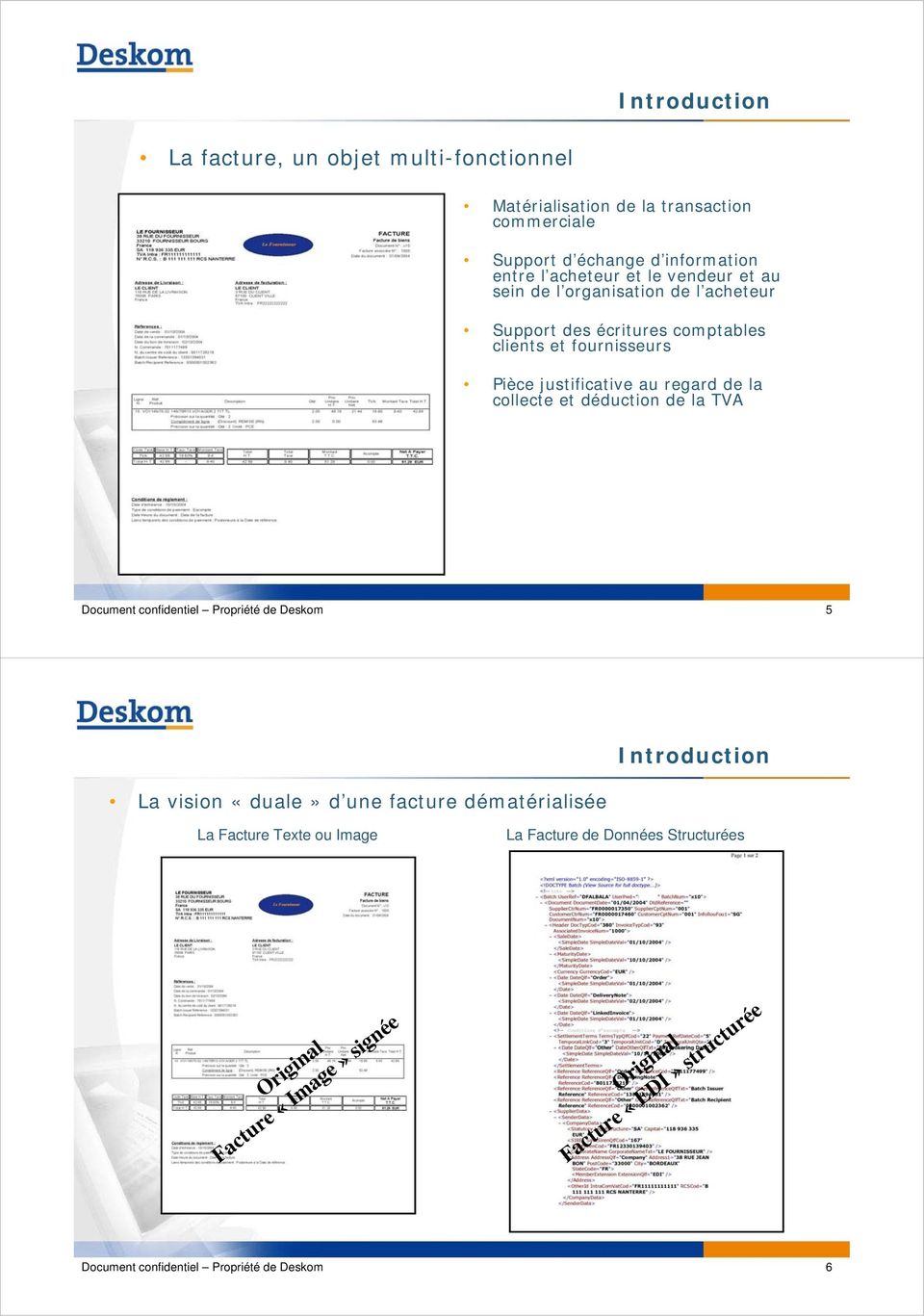 collecte et déduction de la TVA Document confidentiel Propriété de Deskom 5 La vision «duale» d une facture dématérialisée Introduction La Facture