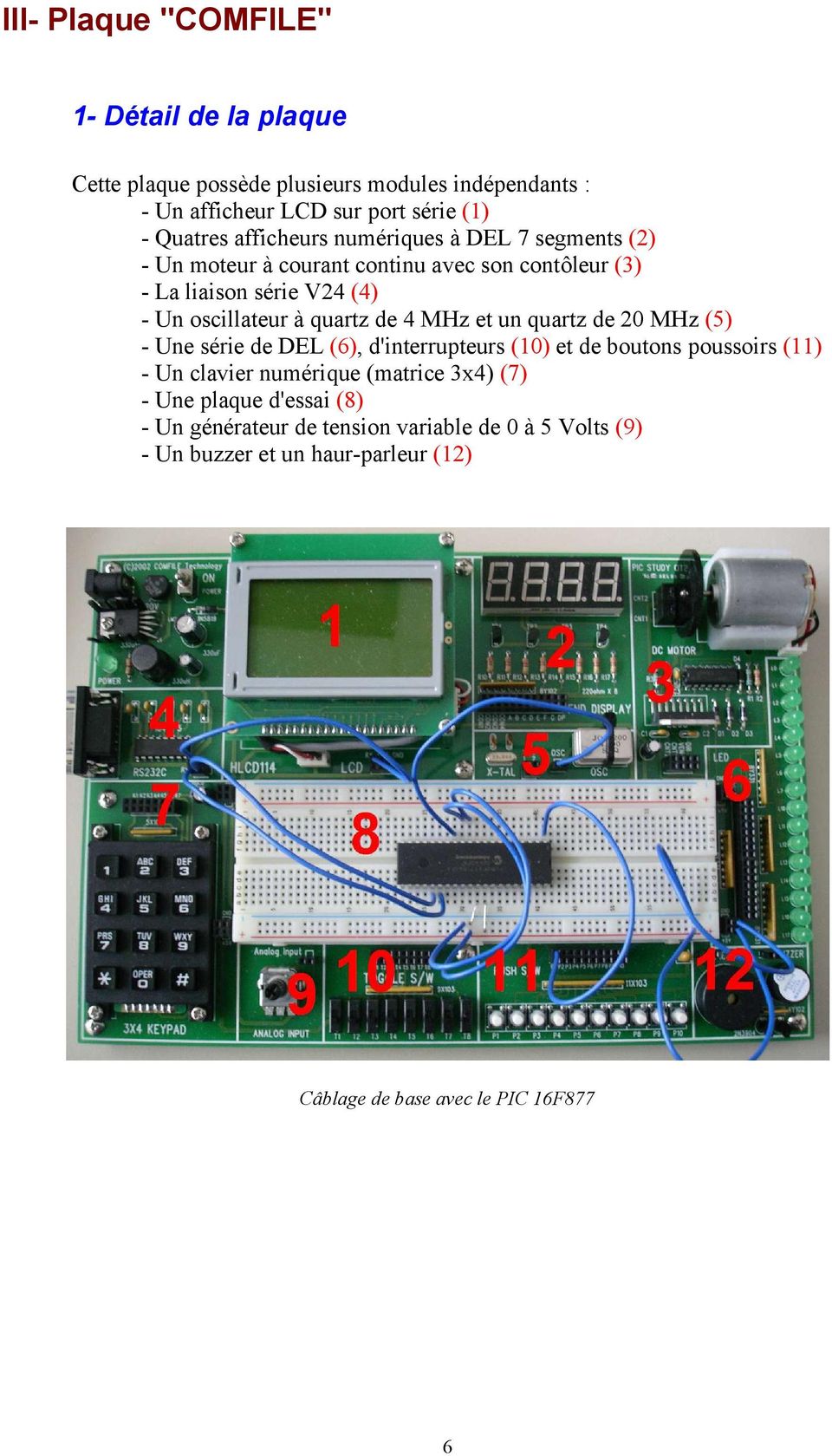 de 4 MHz et un quartz de 20 MHz (5) - Une série de DEL (6), d'interrupteurs (10) et de boutons poussoirs (11) - Un clavier numérique (matrice 3x4)