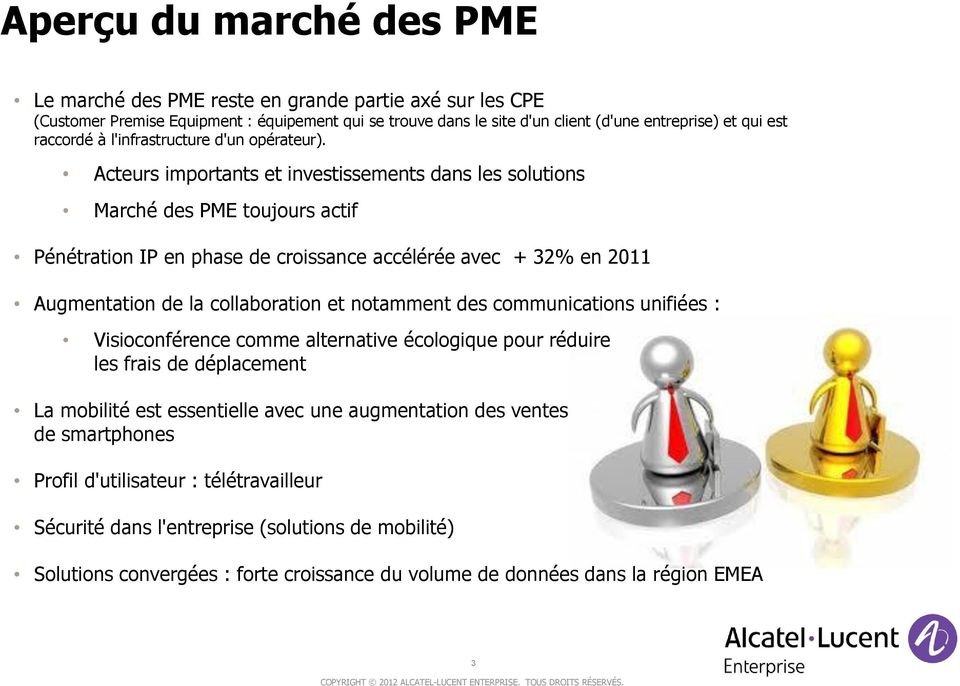Acteurs importants et investissements dans les solutions Marché des PME toujours actif Pénétration IP en phase de croissance accélérée avec + 32% en 2011 Augmentation de la collaboration et notamment