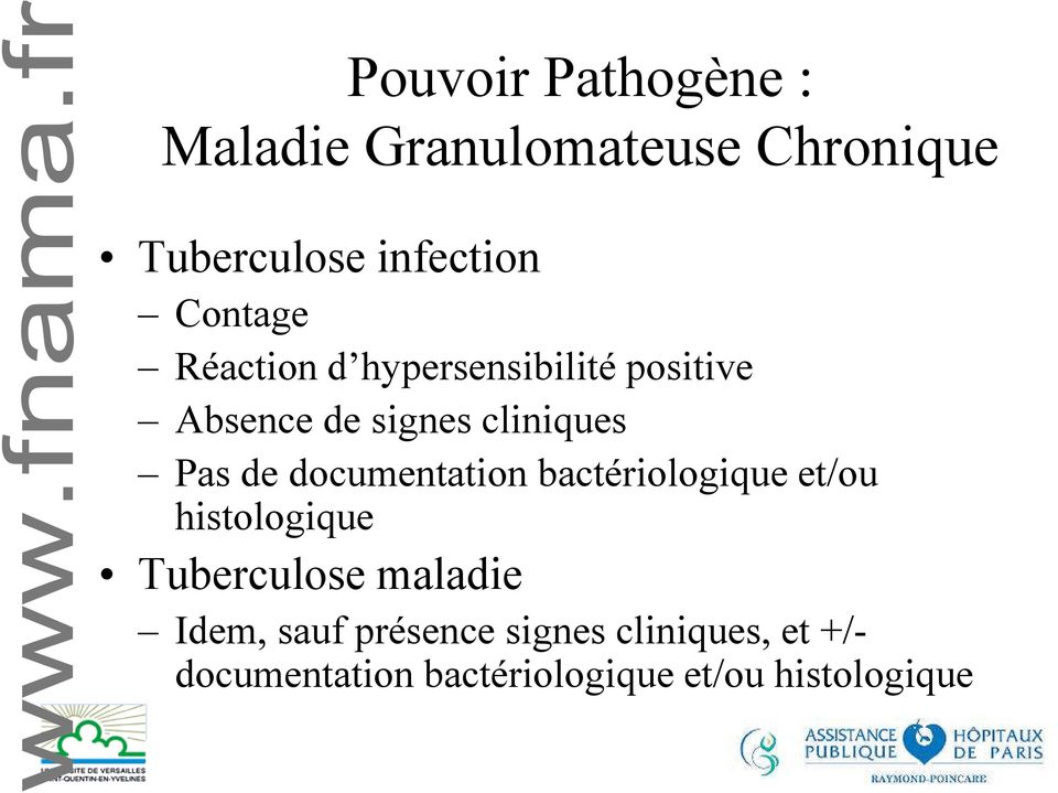 documentation bactériologique et/ou histologique Tuberculose maladie Idem, sauf